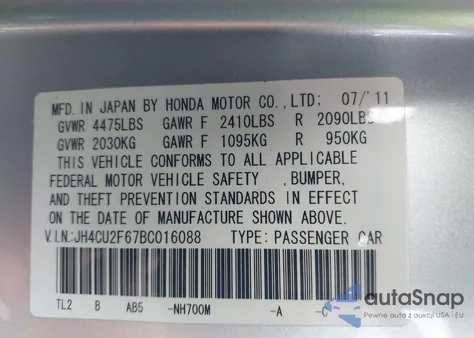 2011 Acura Tsx 2.4 z USA, uszkodzony, nr VIN JH4CU2F67BC016088